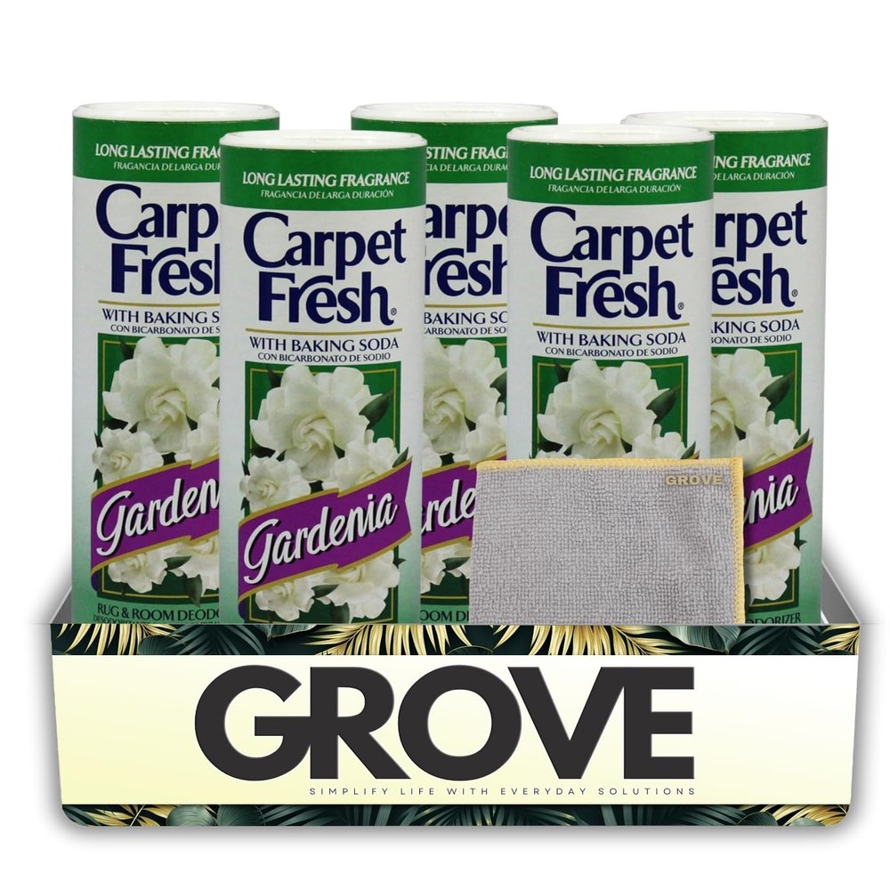 5x Carpet Fresh Gardenia Scent Carpet Odor Eliminator 14 oz Powder Bundle with Microfiber Cleaning Cloth Eliminates Pet Odors, Provides Long-Lasting Freshness Gift Set (6 Items)