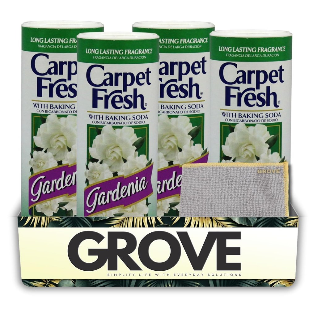 4x Carpet Fresh Gardenia Scent Carpet Odor Eliminator 14 oz Powder Bundle with Microfiber Cleaning Cloth Eliminates Pet Odors, Provides Long-Lasting Freshness Gift Set (5 Items)