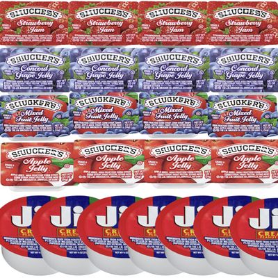 50 Count Single-Serve Jam, Jelly, Apple Butter, Strawberry, Mixed Jelly, Grape, Spread & Peanut Butter Cups Breakfast Condiment Variety Pack Portable Portion Packs for School, Travel, Lunchboxes & Hotels