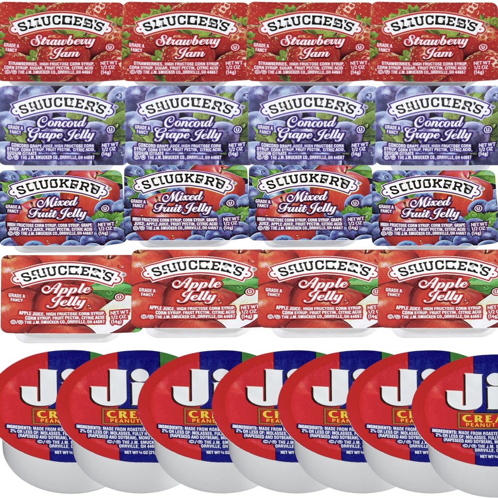50 Count Single-Serve Jam, Jelly, Apple Butter, Strawberry, Mixed Jelly, Grape, Spread & Peanut Butter Cups Breakfast Condiment Variety Pack Portable Portion Packs for School, Travel, Lunchboxes & Hotels