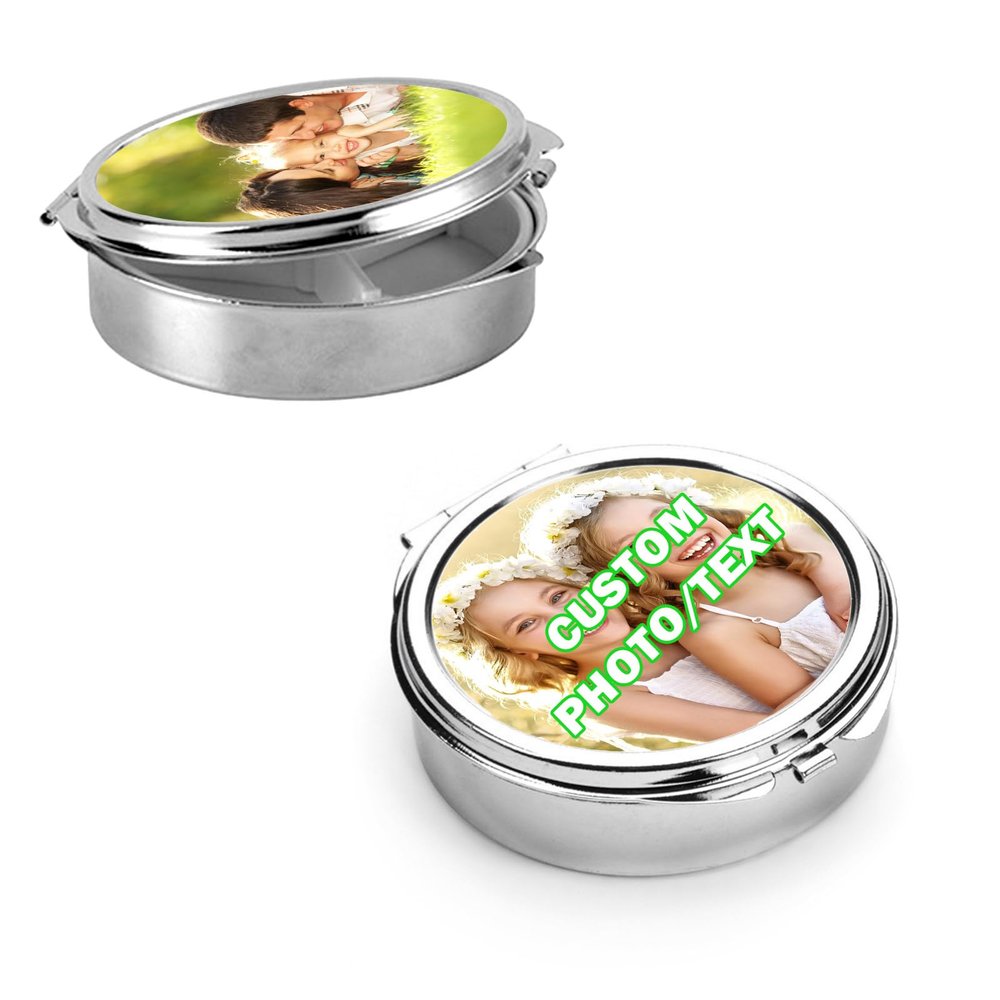 Custom Pill Box Organizer Travel With Photo,Logo,Text Personalized Metal Medicine Pill Case Waterproof Tablet Vitamin Holder Organizer for Purse Pocket Travel Gifts with Mirror&Key Rings 3 Compartment