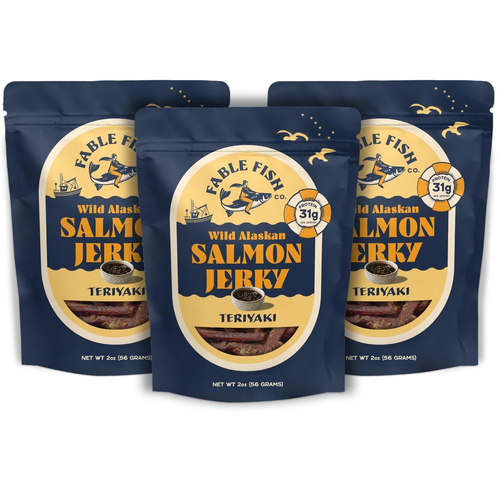 Fable Fish Wild Alaskan Salmon Jerky - Wild Caught Salmon with 31g of Protein - Tasty Fish Jerky with Omega-3s and Natural Source of Collagen - Made with Whole Muscle Sockeye - Teriyaki - 3 Pack