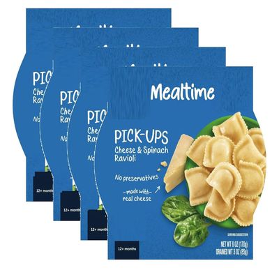 (4 pack) SEDLAV Mealtime For early stage meal Pick-Ups Cheese And Spinach Ravioli Soft Pasta Bites With Mildly Seasoned Vegetable And Dairy Filling No Artificial Colors Or Preservatives 6 oz Tray Meal For Early Self-Feeding