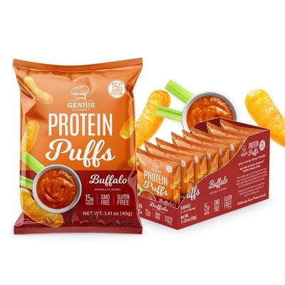 Genius Gourmet Protein Puffs - Buffalo Flavored High Protein Snacks for Adults & Kids- Zero Added Sugar, Gluten Free & GMO Free - On the Go Spicy Savory Snacks - 8 Ct