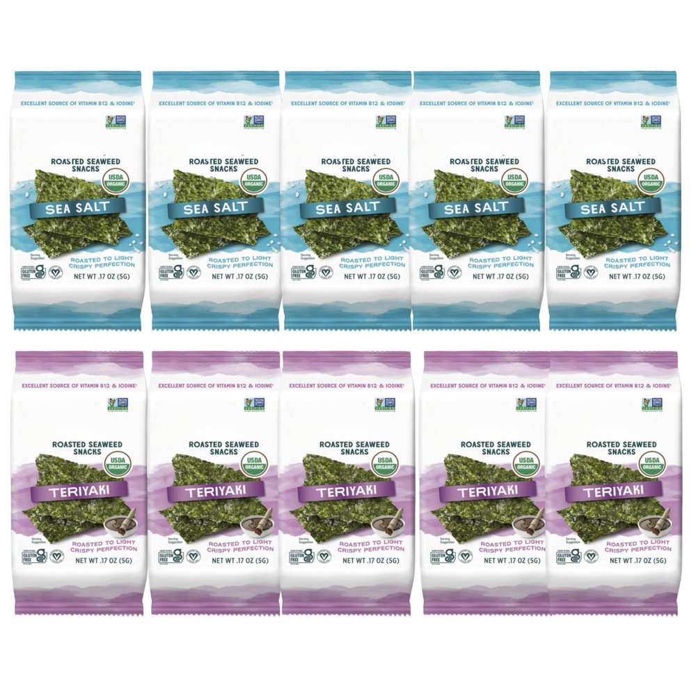 Roasted Seaweed Snacks Variety Pack - Sea Salt & Teriyaki, 10 Count | Organic, Vegan, Gluten-Free | Crispy Nori Sheets | Healthy Low Calorie Snack for Kids, Adults, Keto & Paleo Diet