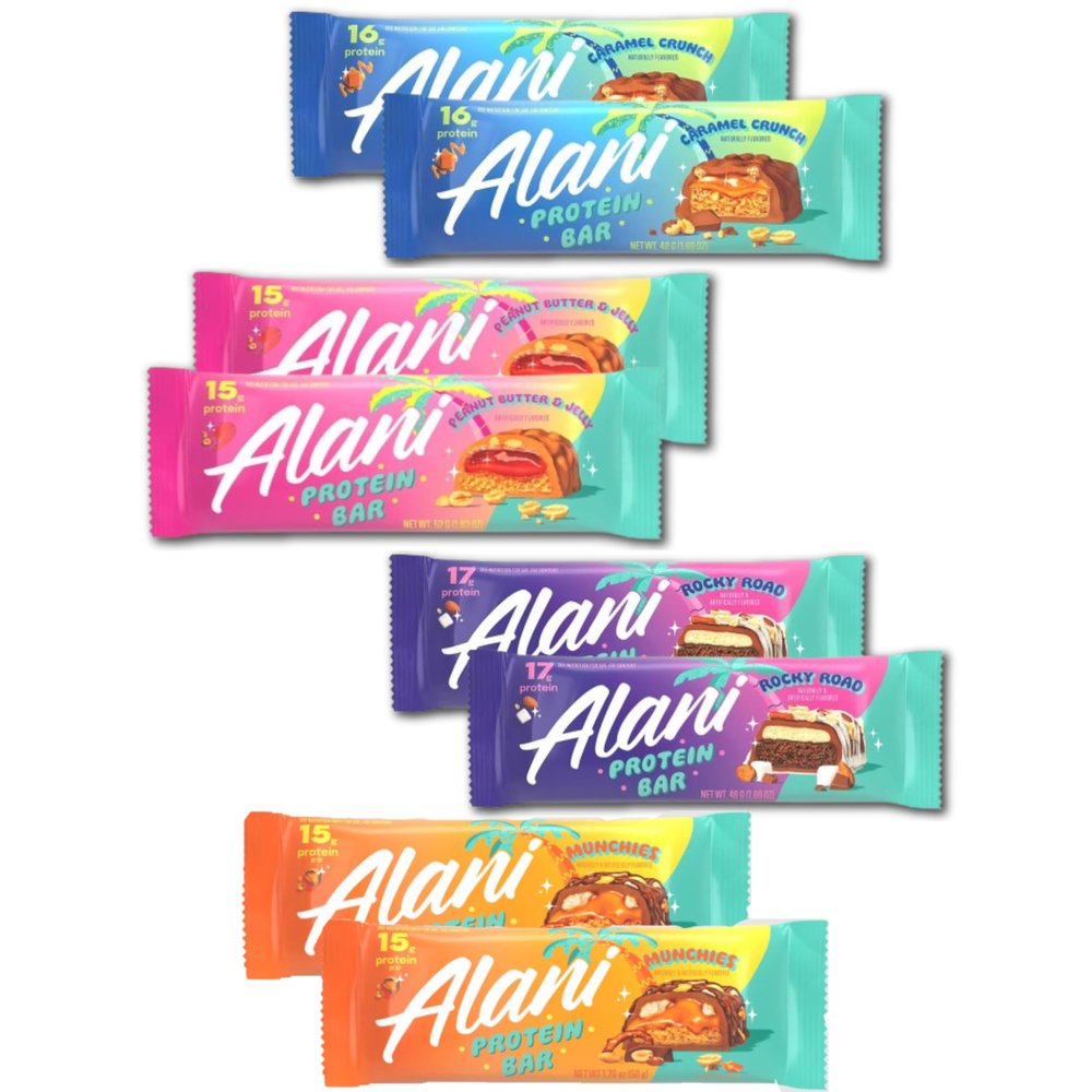Alani High Protein Snack Bars Variety Pack Caramel Crunch, Peanut Butter & Jelly, Rocky Road, Munchies Gluten-Free 8 Count REPACKAGED BY Trendy Stuff Online