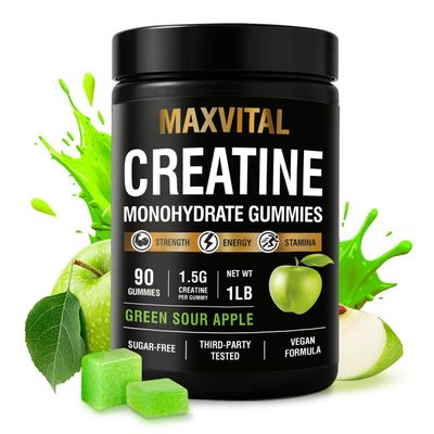 Creatine Monohydrate Gummies 1500 mg Crisp Green Apple Chewable Pre-Workout for Strength & Muscle Support Vegan, Sugar-Free & Halal for Men & Women 90 Gummies
