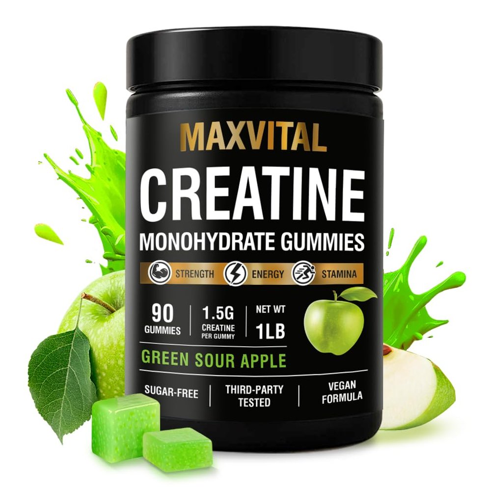 Creatine Monohydrate Gummies 1500 mg Crisp Green Apple Chewable Pre-Workout for Strength & Muscle Support Vegan, Sugar-Free & Halal for Men & Women 90 Gummies
