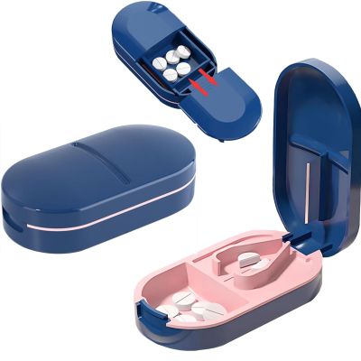 2 in 1 Pill Cutter and Splitter with Stainless Steel Blade for Cutting Small or Large Pills, Travel Mini Medicine Dispenser Box, Supplement Sorter, Fish Oil Planner, Perfect for Traveling