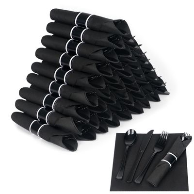 Dlebay 50 Pack Pre Rolled Black Plastic Silverware Set with Napkins