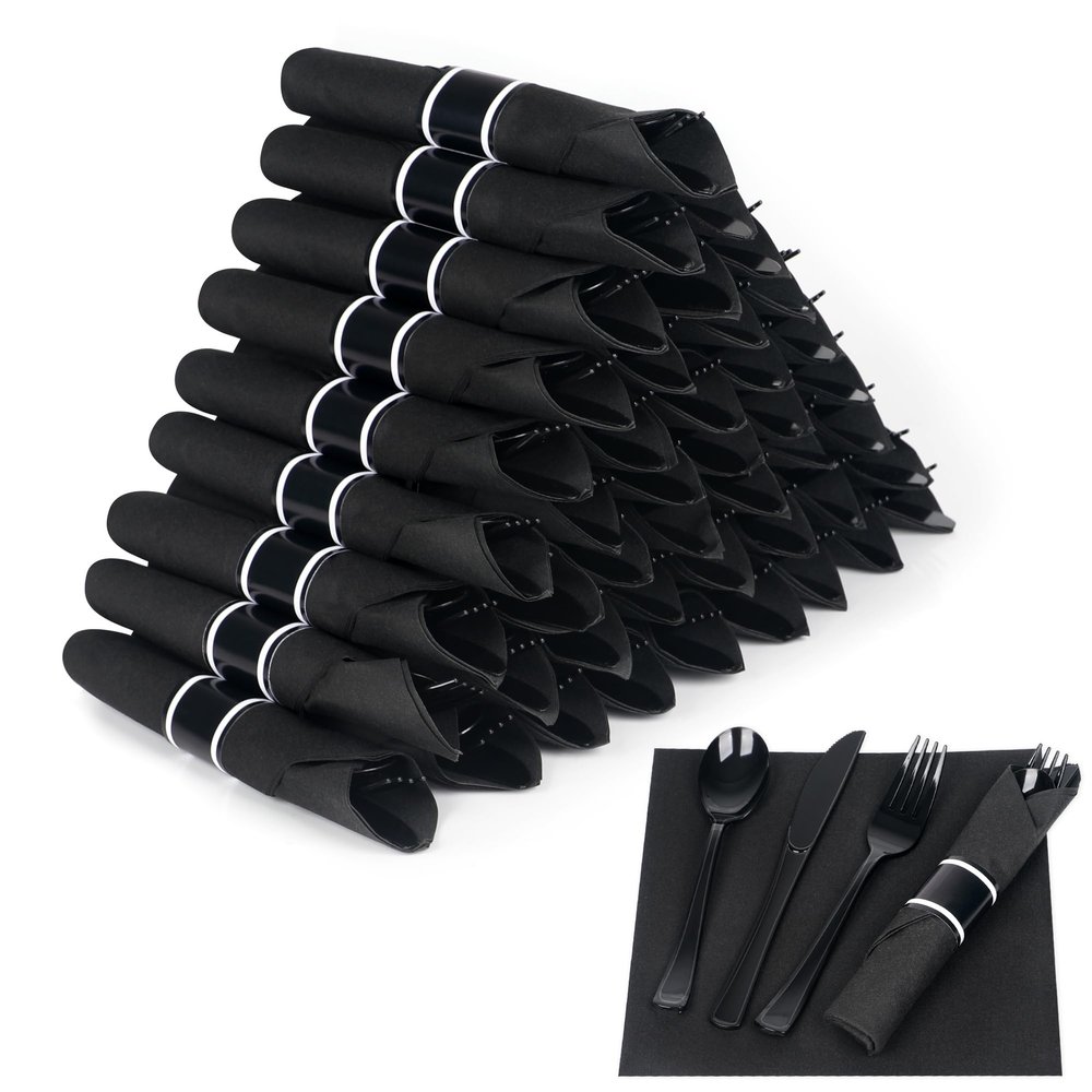 Dlebay 50 Pack Pre Rolled Black Plastic Silverware Set with Napkins