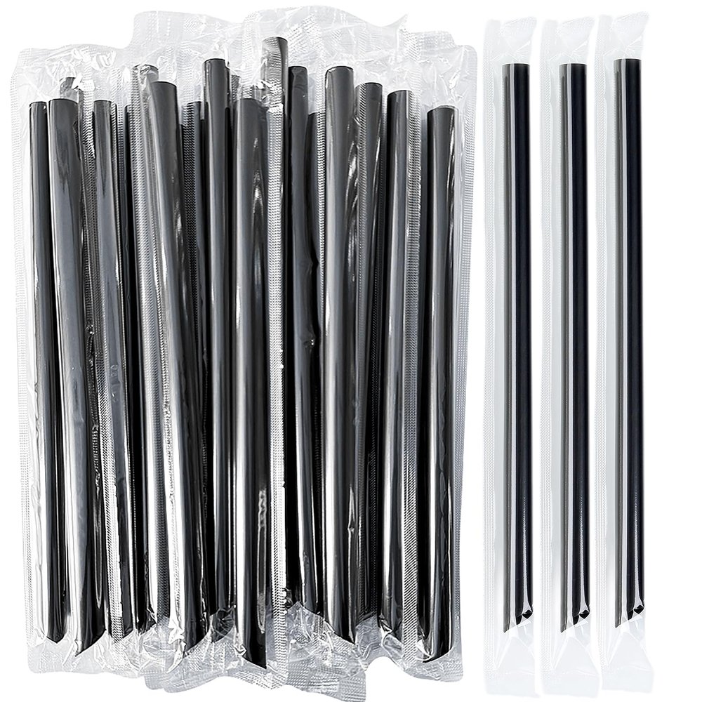 100 PCS Black Straws Jumbo Smoothie Straws, Boba Straws, Disposable Plastic Milkshake Straws, Wide-Mouth, Individually Wrapped, Sharp Pointed Tip (0.51" Wide X 9.06" Long)