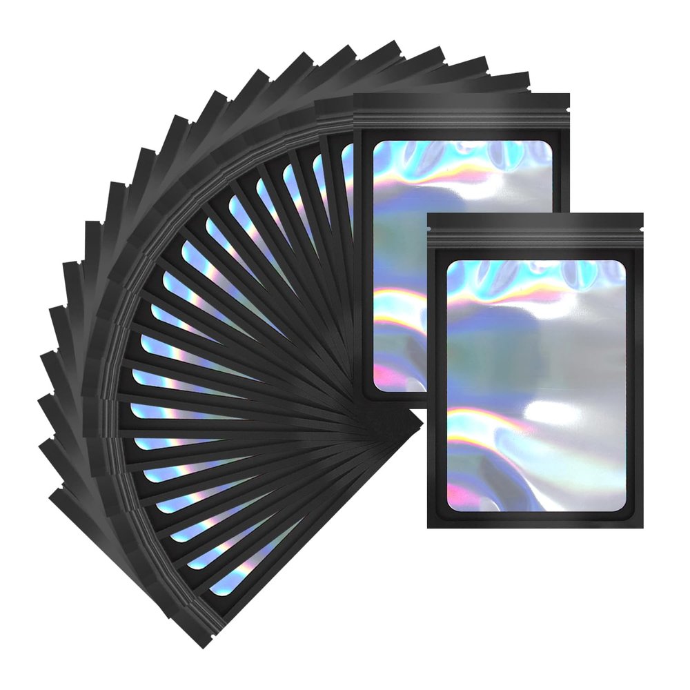 100 Pack Mylar Holographic Packaging Bags Resealable Candy Bags with Clear Window Foil Pouch Bag for Lipgloss, Jewelry, Sample Bag for Small Business (Black, 2.4x3.9 Inch)