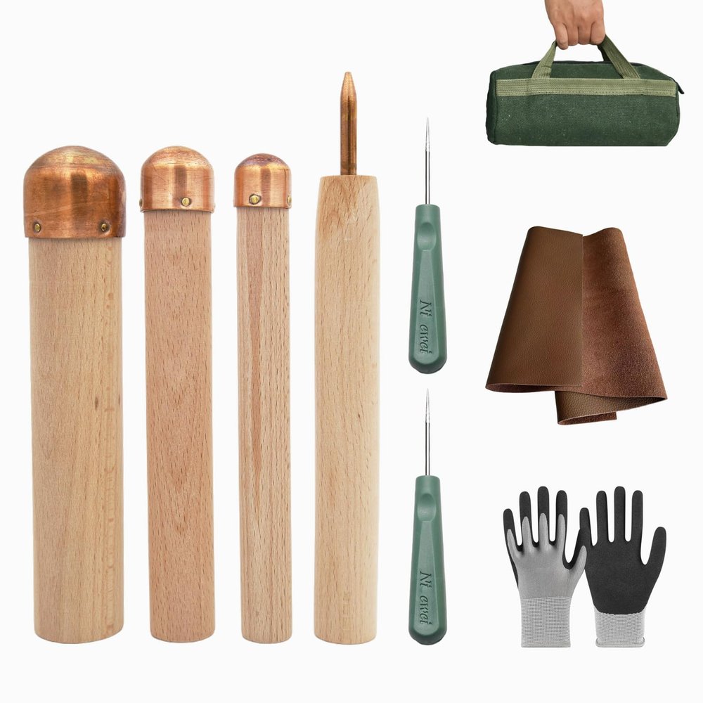 Enphla 9 Pcs Flint Knapping Tools, Flint Knapping Kit for Pros and Beginners, Crafting Obsidian Stone and Crystal, Includes 3 Copper boppers, 1 Pressure flaker, 1 Safety Gloves, 1 Leg Pads Etc