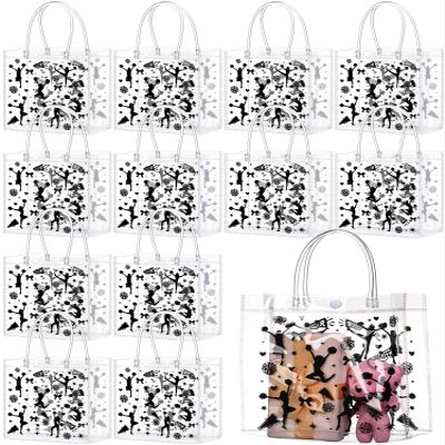 Sweetude 24 Pcs Cheer Clear Treat Bags with Handles for Cheer Team Cheerleader Gift Bag Bulk Cheerleader Party Supplies(Black)