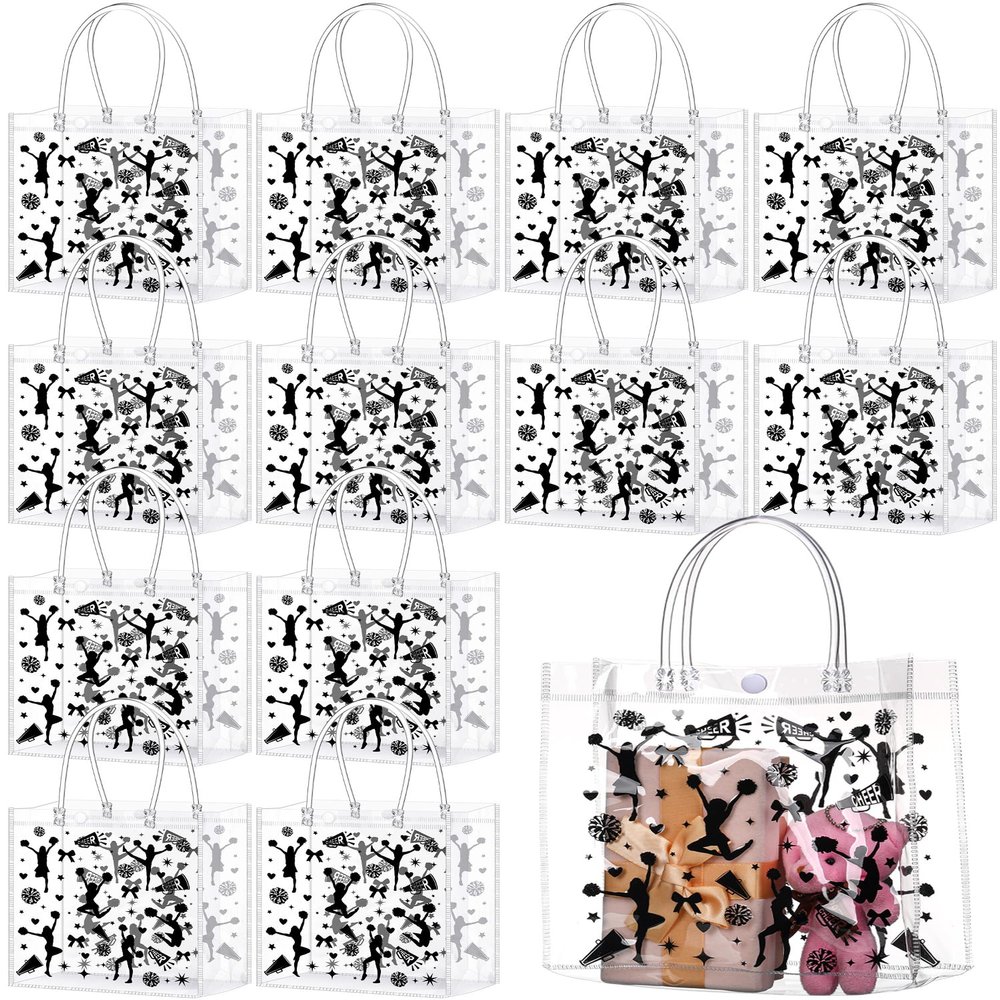 Sweetude 24 Pcs Cheer Clear Treat Bags with Handles for Cheer Team Cheerleader Gift Bag Bulk Cheerleader Party Supplies(Black)