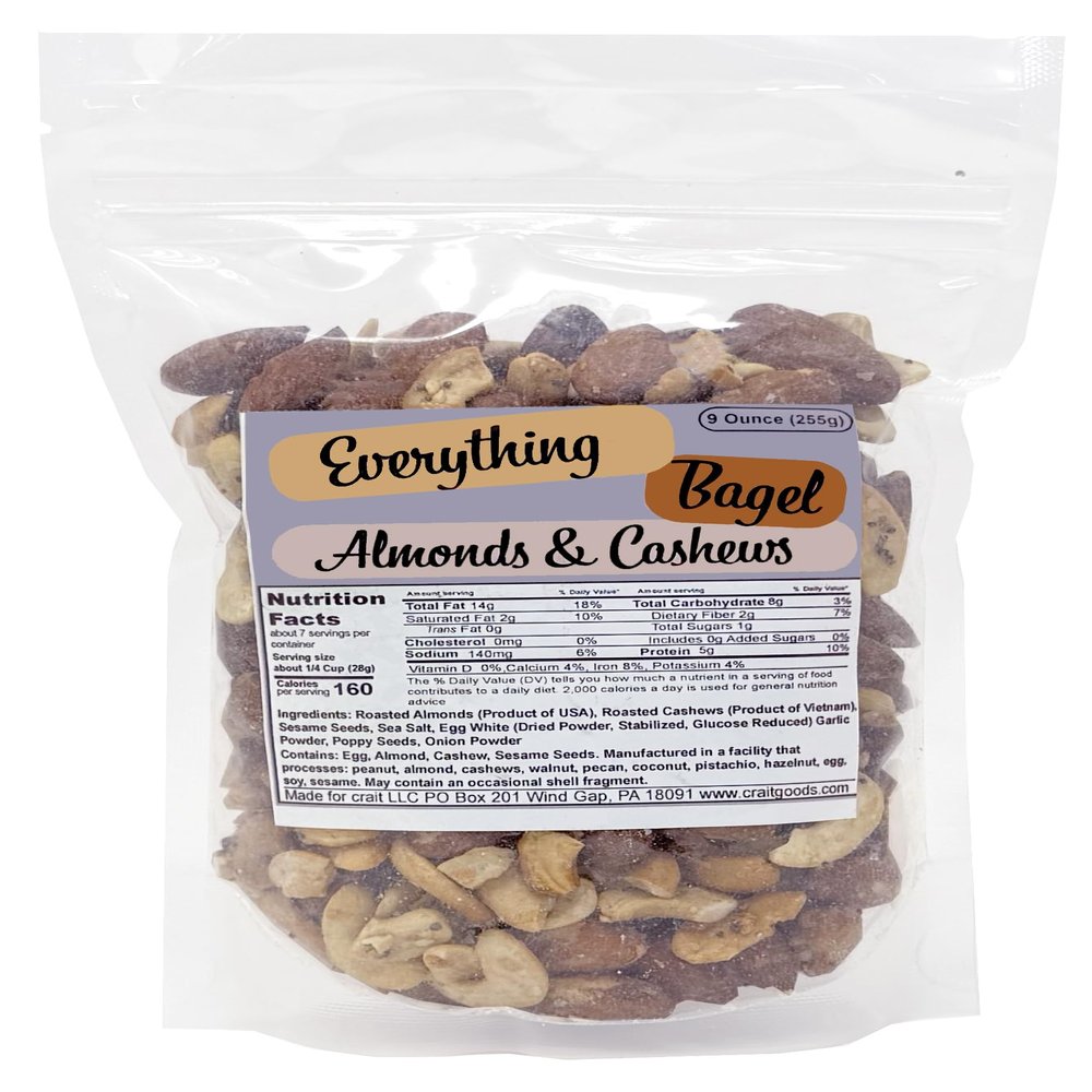 Everything Bagel Cashews and Almonds, Flavored Cashews, Flavored Almonds with Everything Bagel Seasoning, Mixed Nuts, Clean Ingredient Preppy Snacks, 9 Ounce