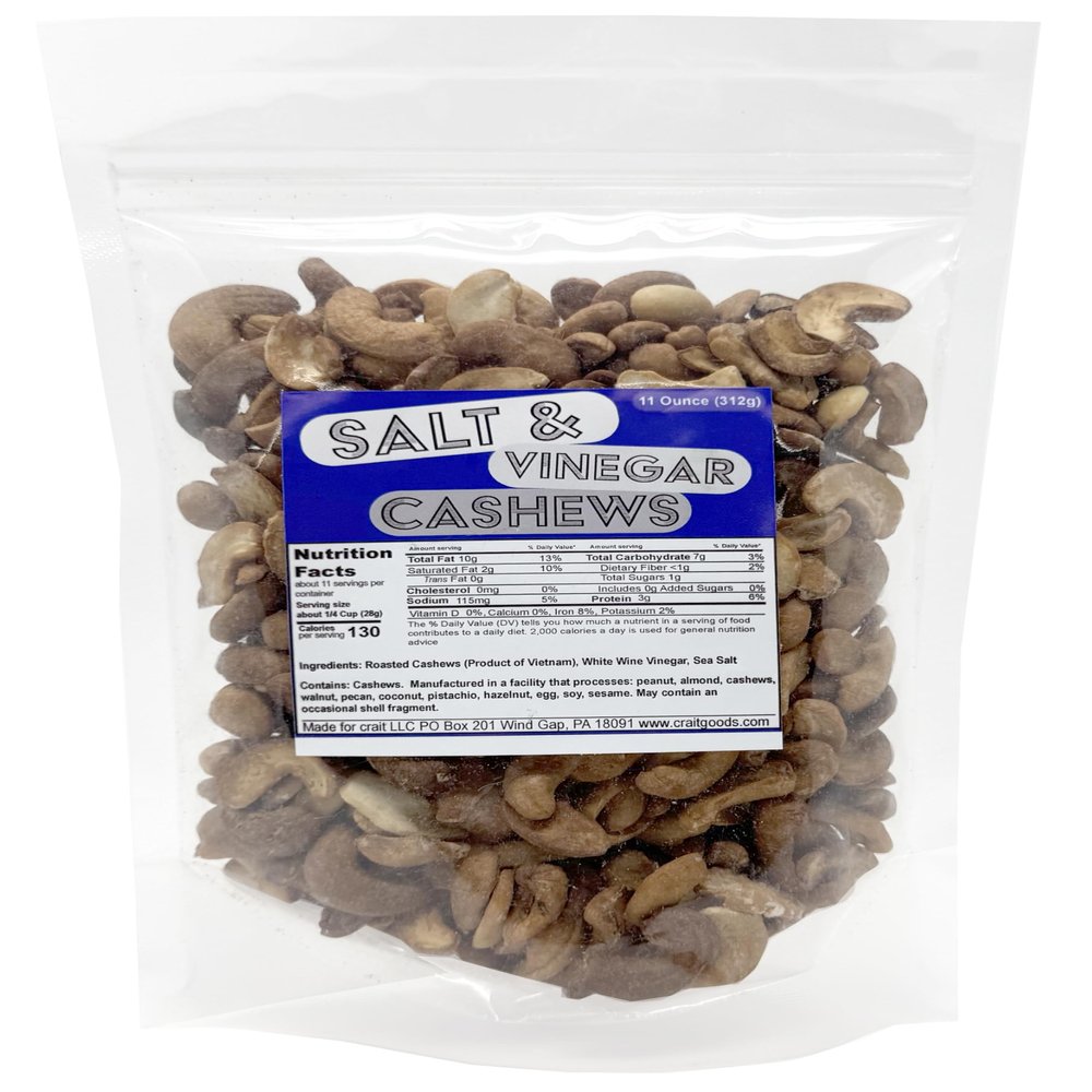 Salt & Vinegar Cashews, Only 3 Ingredients, Flavored Cashew Splits, Clean Ingredients Snack, Flavored Nuts, Salt & Vinegar Nuts, Healthy Snack, 11 Ounce Resealable Bag
