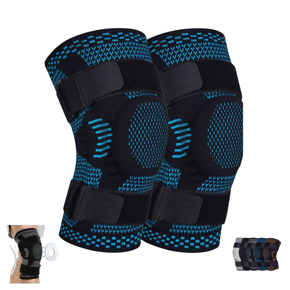 2PCS Knee Braces for Knee Pain, Breathable Elastic Compression Knee Sleeves Knee Pads with Patella Gel Pad, Strap, Side Stabilizers, Knee Support for Men Women Arthritis Acl Sports,M, Blue
