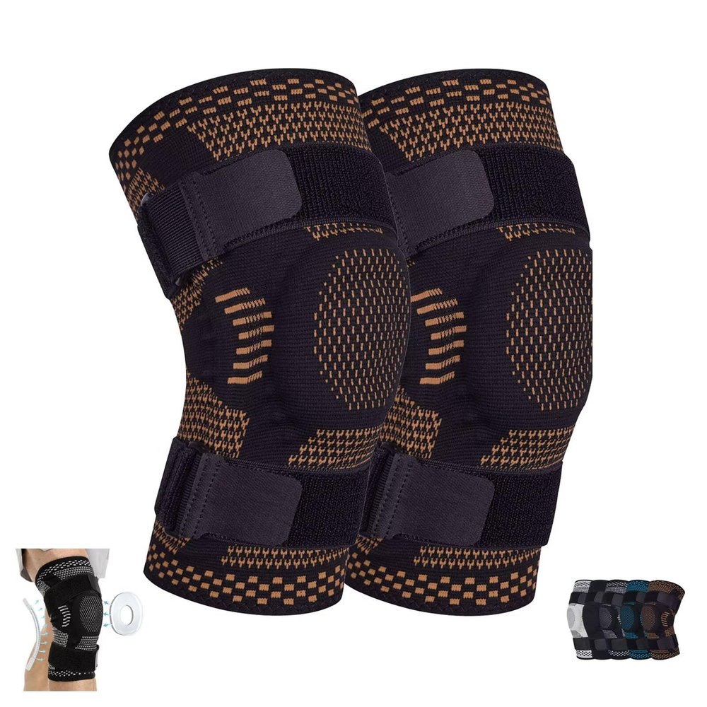 2PCS Knee Braces for Knee Pain, Breathable Elastic Compression Knee Sleeves Knee Pads with Patella Gel Pad, Strap, Side Stabilizers, Knee Support for Men Women Arthritis Acl Sports,S, Copper