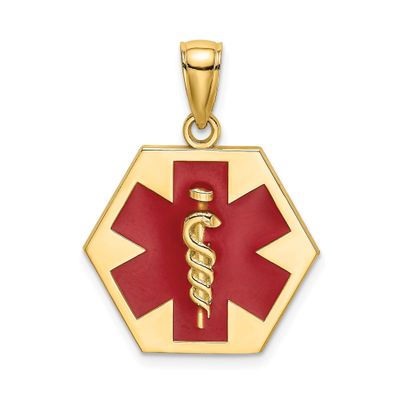 10k Yellow Gold Medical Alert Pendant with Star of Life and Raised Caduceus Symbol, Hexagon Emergency ID Charm for Health Identification, Unisex Medical Necklace or Emergency Jewelry Tag