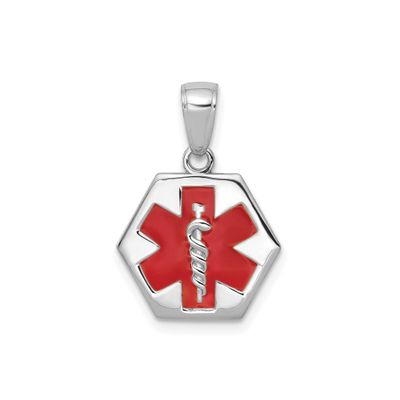 14k White Gold Medical Alert Pendant with Red Star of Life and Silver Caduceus Symbol, Unisex Emergency ID Necklace, Enameled Medical Disc for Health Safety, Daily Wear Jewelry for Identification