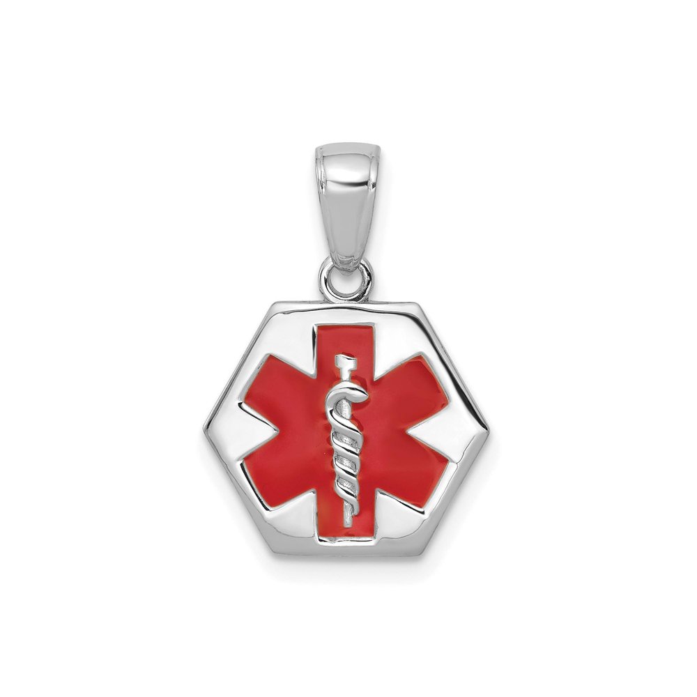 14k White Gold Medical Alert Pendant with Red Star of Life and Silver Caduceus Symbol, Unisex Emergency ID Necklace, Enameled Medical Disc for Health Safety, Daily Wear Jewelry for Identification
