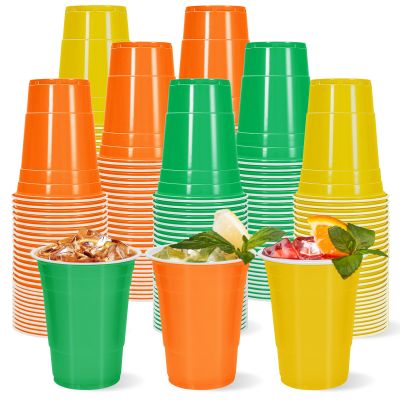 Whaline 60 Pcs Fall Color Plastic Cups 16 Oz Yellow Orange Green Plastic Cups Colored Disposable Cup for Autumn Harvest Thanksgiving Party Supplies