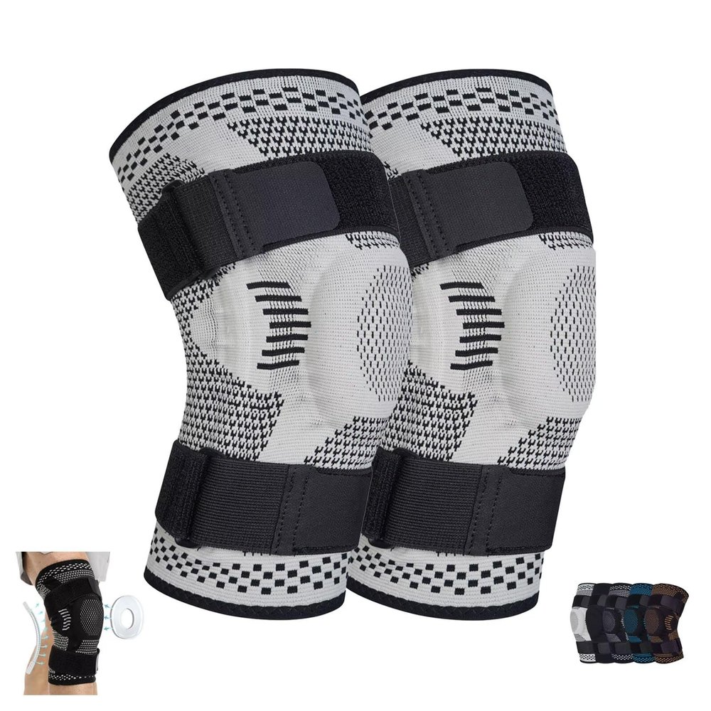 2PCS Knee Braces for Knee Pain, Breathable Elastic Compression Knee Sleeves Knee Pads with Patella Gel Pad, Strap, Side Stabilizers, Knee Support for Men Women Arthritis Acl Sports,XXL, Light Gray
