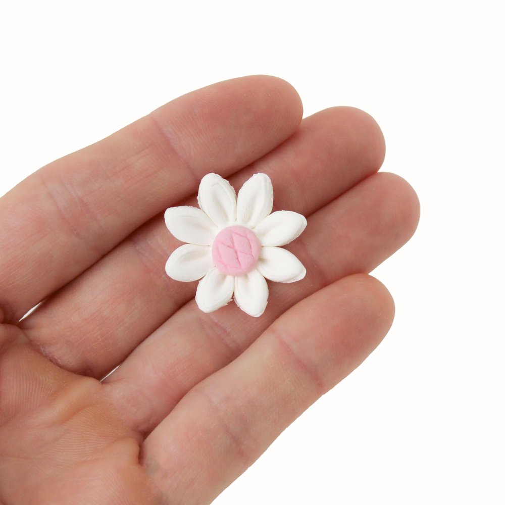 144 Count Edible Daisy Cake Decorations, Mini Edible Flowers, White & Pink Sugar Flowers, Daisy Cupcake Toppers for Cakes & Cupcakes, Edible Cake Decorations, Global Sugar Art (3/4 Inch)