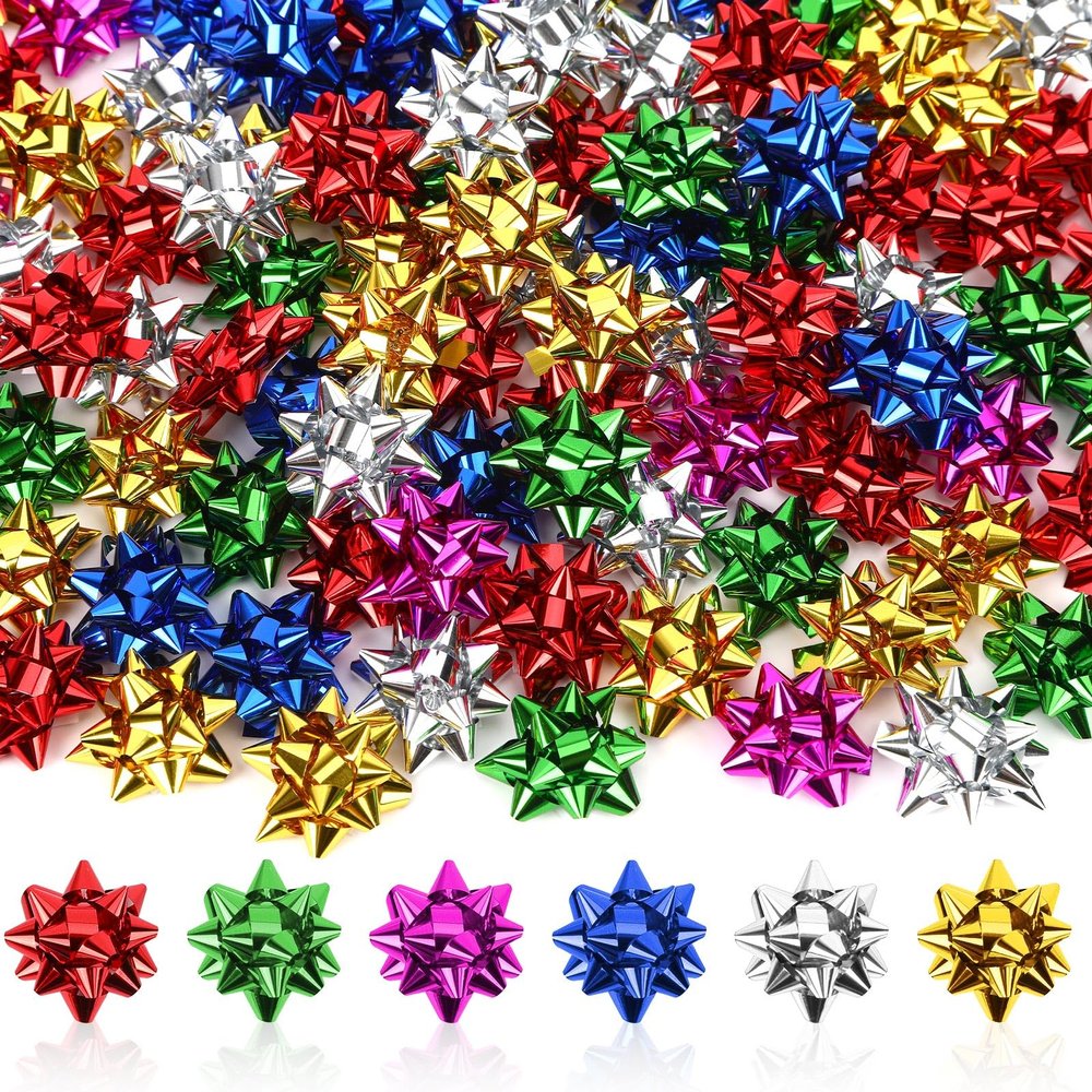 DECYOOL 1 Inch Mini Gift Wrap Bows, 200pcs Christmas Red Green Gold Silver Blue Purple Self Adhesive Metallic Bows for Holiday Christmas Birthday Party Favor Packaging Decorations