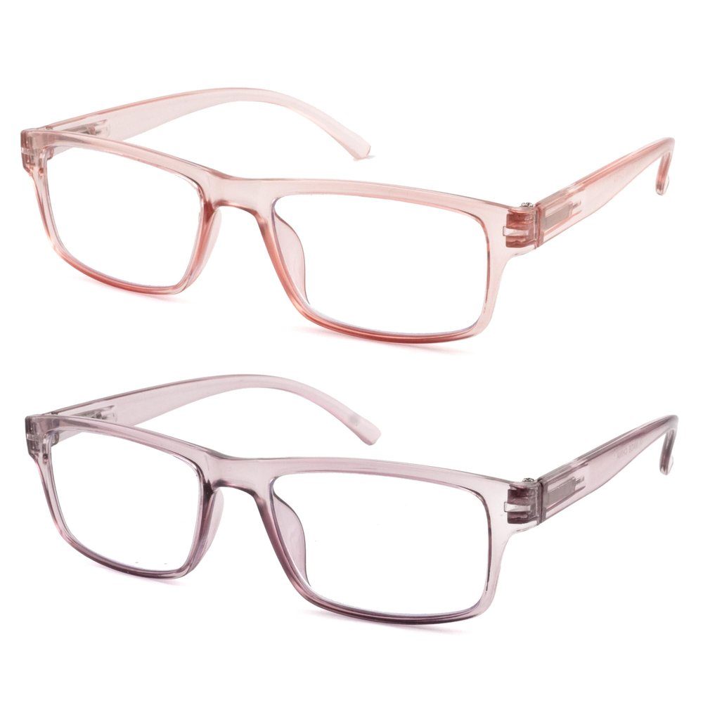FEIVSN High Magnification Reading Glasses for Men Women with Strong Power TR Rectangular Frame Readers Spring Hinge, Pink + Purple, 6.50