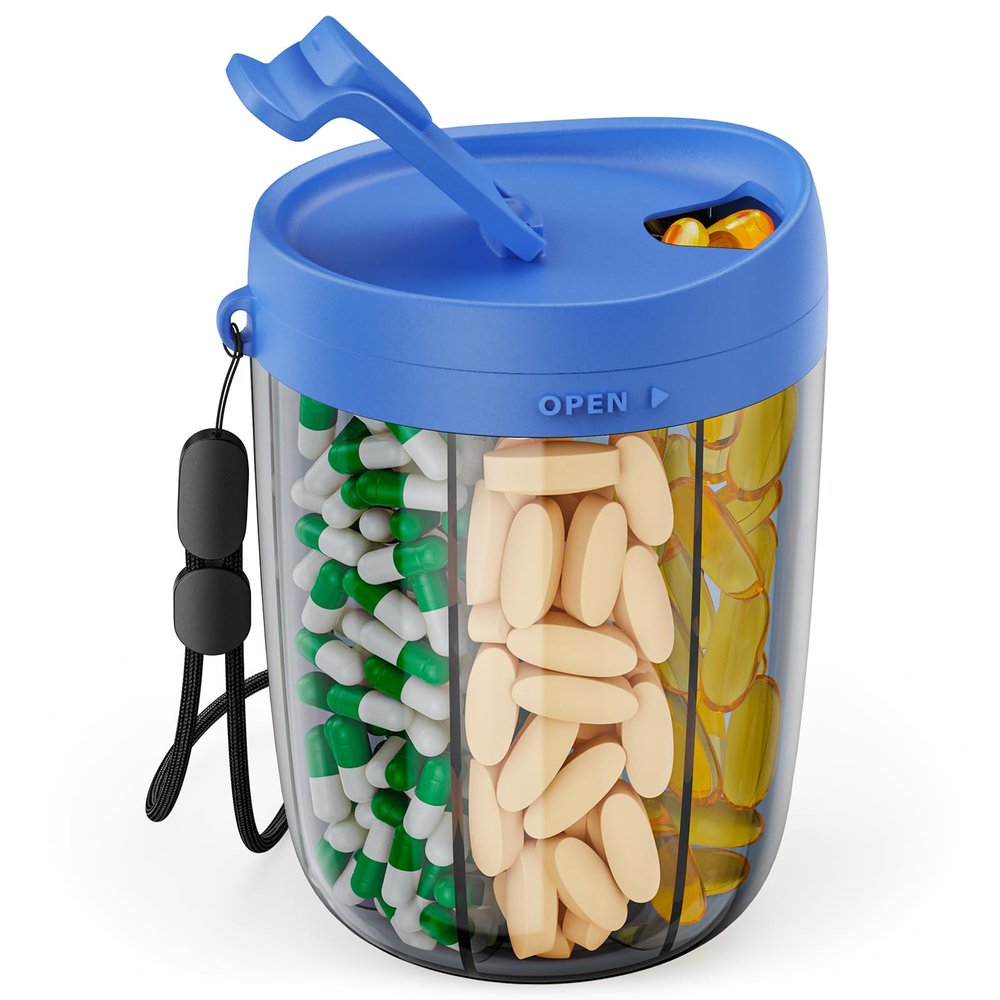 PULIV Large Supplement Organizer Bottle, Holds Plenty of 6 Various Vitamins in 1 Pill Dispenser with Anti-Mixing & Wide Openings Design, Easy to Retrieve Meds, Includes 20 Pcs Labels Royal Blue