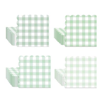 100Pcs Green Gingham Napkins, 6.5x6.5 Inch Disposable Scalloped Paper Cocktail Napkins for Birthday Wedding Baby Shower Pastel Party Decor (25 * 4 Colors)