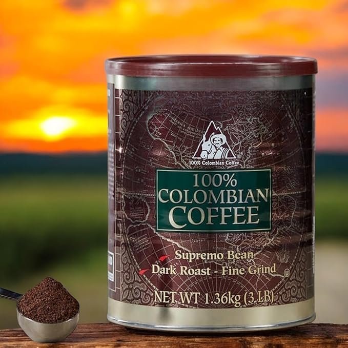 100% Colombian Ground Coffee Kirklan Dark Roast, Supremo Bean, Fine Grind, 3 lb Can Kosher Certified