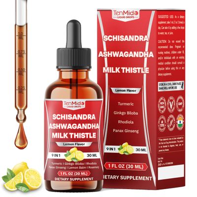 Tenmido 9in1 Schisandra Berry Extract Liquid Drops with Ashwagandha, Milk Thistle, Turmeric Curcumin, Ginkgo Biloba, Rhodiola, Panax Ginseng, Lemon Balm, & Rosemary - 30 Days Supply - 1FL Oz