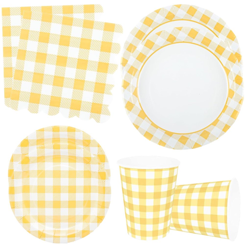 100Pcs Yellow Gingham Party Supplies Yellowand White Checkered Paper Plates and Napkins Cups for Wedding Family Picnic,BBQ Gingham Birthday Party Decorations,Serve 25 (Yellow)
