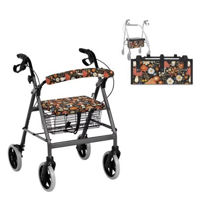 Vanideaoty Roses Daisy Mushrooms Rollator Walker Accessories with Elastic Band Walker Accessories Storage Bag Under Seat Set Soft and Portable for Seniors