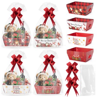 OSNIE Religious Jesus Basket Gifts Empty with Cellophane Basket Bags and Ribbons Bows, 24 Sets Inspirational Religious Cardboard Gift Basket Kit to Fill for Christmas Festival Holiday Party Supplies