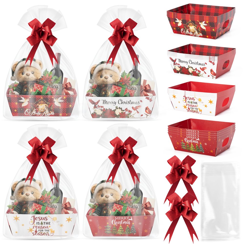 OSNIE Religious Jesus Basket Gifts Empty with Cellophane Basket Bags and Ribbons Bows, 24 Sets Inspirational Religious Cardboard Gift Basket Kit to Fill for Christmas Festival Holiday Party Supplies