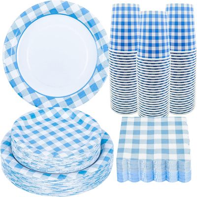 100Pcs Blue Gingham Party Supplies Blue and White Checkered Paper Plates Gingham Plates and Napkins Cups for Wedding Family Picnic,BBQ Gingham Birthday Party Decorations,Serve 25 (Blue)