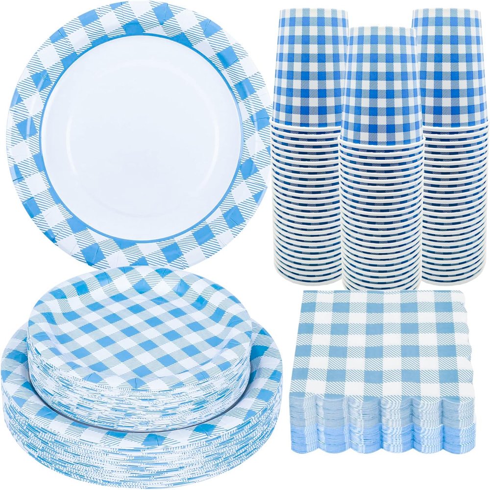 100Pcs Blue Gingham Party Supplies Blue and White Checkered Paper Plates Gingham Plates and Napkins Cups for Wedding Family Picnic,BBQ Gingham Birthday Party Decorations,Serve 25 (Blue)