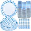 100Pcs Blue Gingham Party Supplies Blue and White Checkered Paper Plates Gingham Plates and Napkins Cups for Wedding Family Picnic,BBQ Gingham Birthday Party Decorations,Serve 25 (Blue) view 1