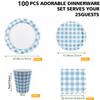 100Pcs Blue Gingham Party Supplies Blue and White Checkered Paper Plates Gingham Plates and Napkins Cups for Wedding Family Picnic,BBQ Gingham Birthday Party Decorations,Serve 25 (Blue) view 2