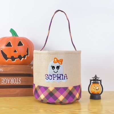 Yunhuy Halloween Bucket Personalized Name Ghost Pumpkin Halloween Basket Trick or Treat Candy Gift Carrying Tote Bag Party Favor Supplies (Style 5)