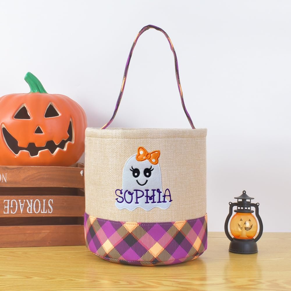 Yunhuy Halloween Bucket Personalized Name Ghost Pumpkin Halloween Basket Trick or Treat Candy Gift Carrying Tote Bag Party Favor Supplies (Style 5)