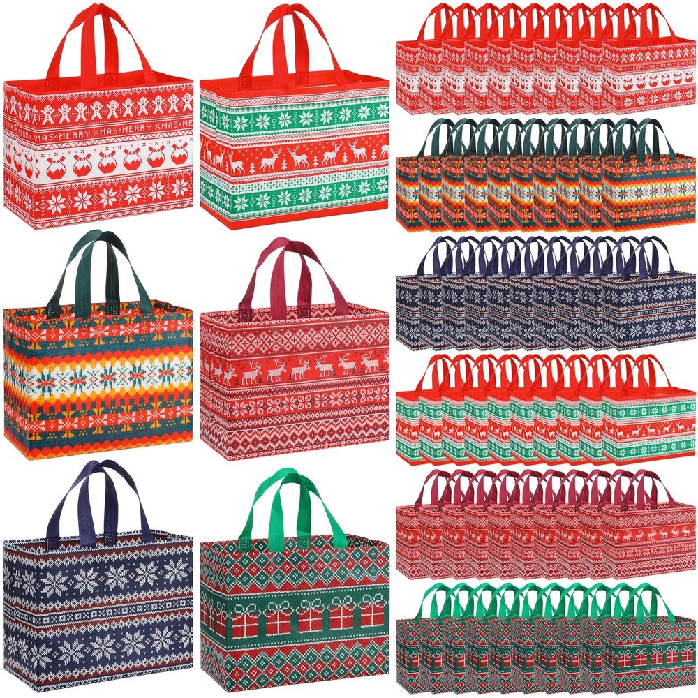 Sanwuta 150 Pcs Sweater Christmas Bags Bulk for Gifts 12.8 x 9.8 x 6.7 in Large Tote Treat Grocery Bags Reusable Non Woven