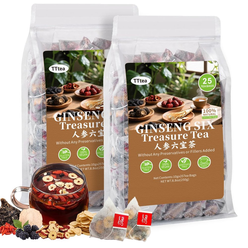 2 Pack Formula Ginseng Six Treasure Teal: 50 Bags Natural Kidney Cleanse Detox Herbal Tea for Men Women, Organic Blend with Ginseng Goji Red Dates Mulberry and Maca Caffeine-Free Energy and Vitality Support