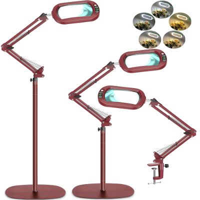 12X Large Magnifying Glass with Light and Stand, Real Glass, 5 Color Modes Stepless Dimmable Arm Swing LED Floor Lamp, 3-in-1 Hands-Free Lighted Magnifier for Reading Painting Craft Close Work Red