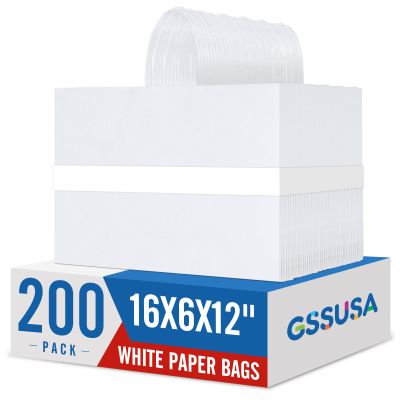 GSSUSA Large White Paper Bags 16x6x12'' 200Pcs Recycled Gift Bags Kraft Bag With Handles For Business, Party, Boutique, Retail, Wedding, Shopping, Halloween, Christmas